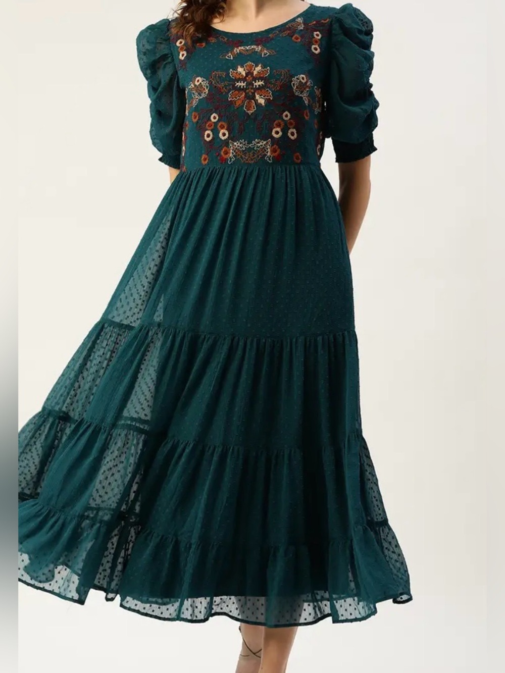 Antheaa Teal Embroidered Swiss Dot Tiered Midi Dress Puff Sleeve Boho Medium